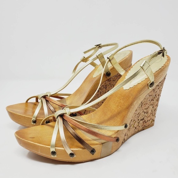 Jessica Simp Shoes - Jessica Simpson Cork  Foil Leather Straps Wooden Retro Wedges Sz 9B